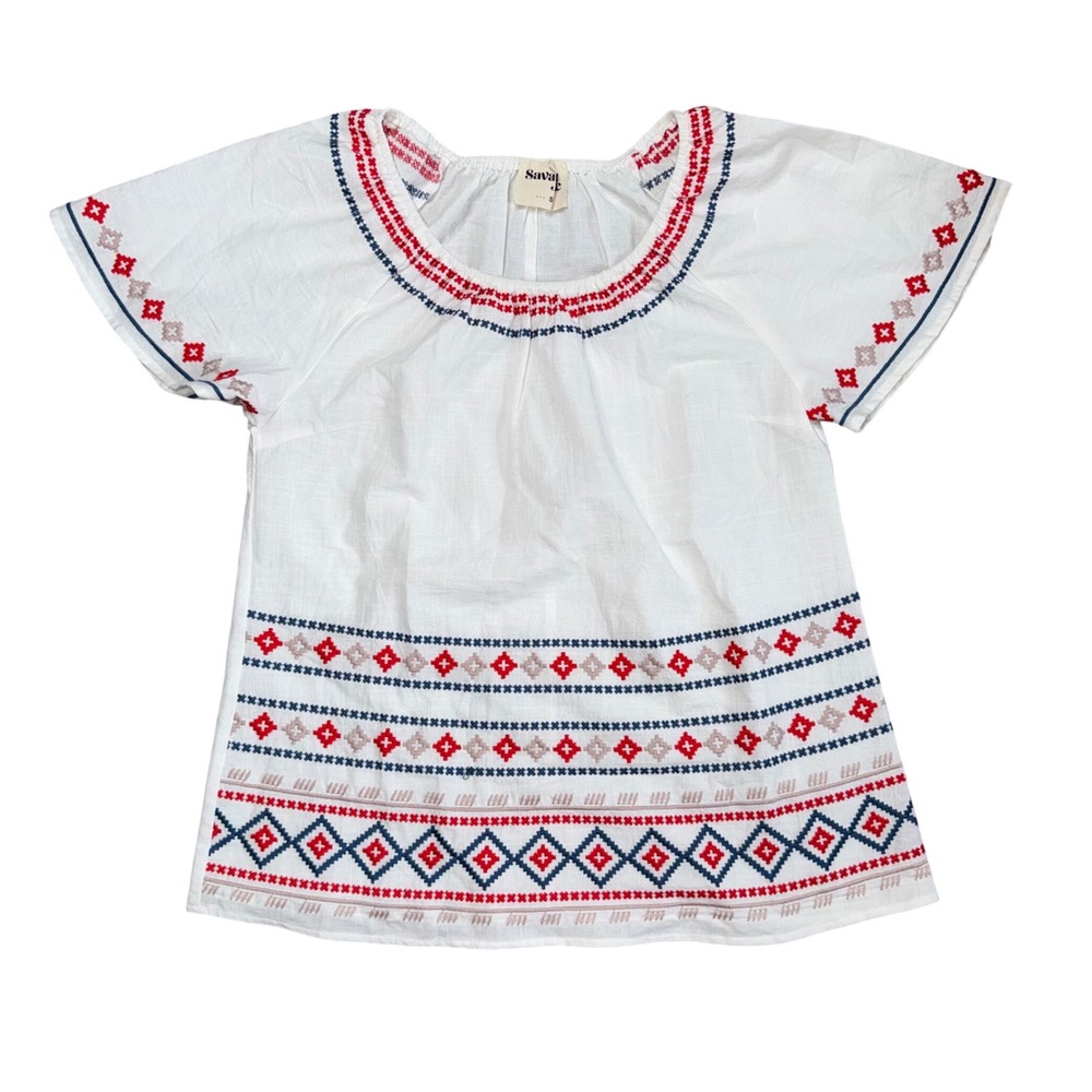 Savanna Jane Embroidered Top Women Small White Good Boho Peasant T11218
